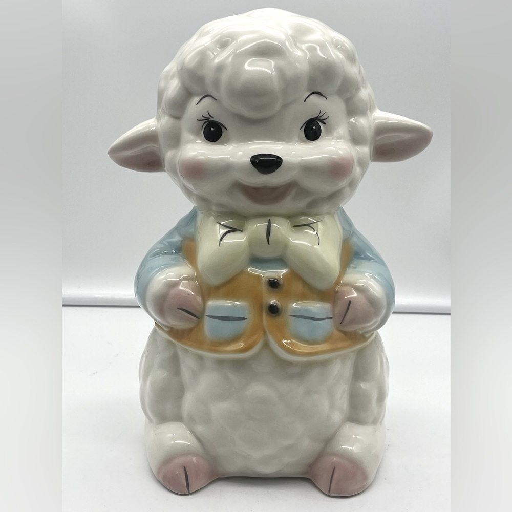 Mid-Century Alberta Mold: Anthropomorphic Woolly Lamb Bank with Patchwork Jacket